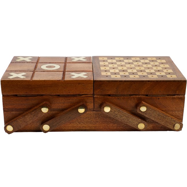 Wooden/brass game box w/set of 4 games, 26x13xH6.5cm