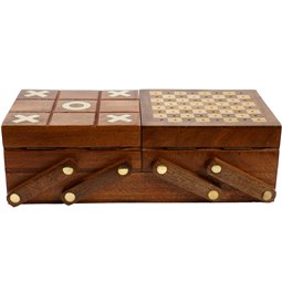 Wooden/brass game box w/set of 4 games, 26x13xH6.5cm