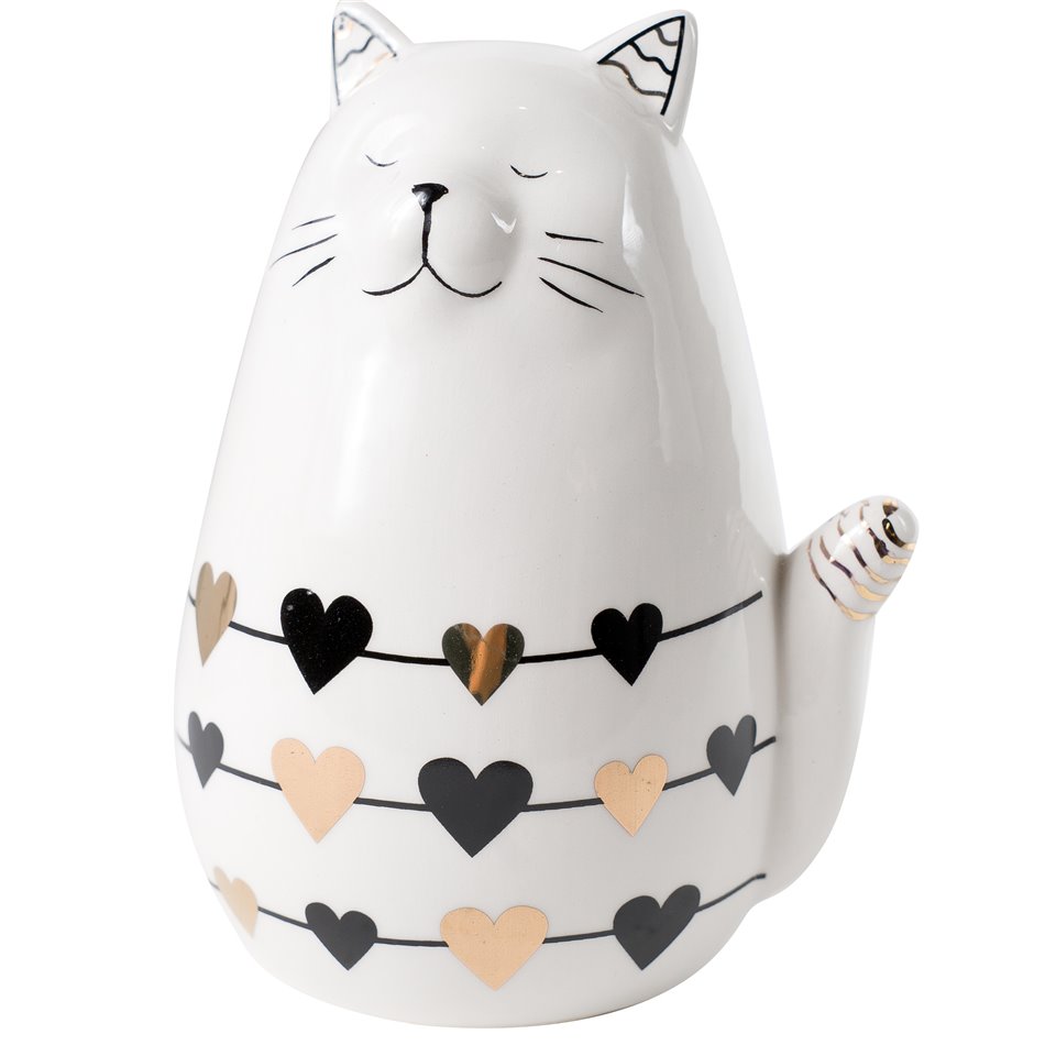 Decor Cat with heart, ceramic, black/white, 13x10x8cm