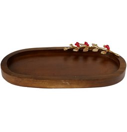 Wood oval tray Oden w/leaf/ redberry, 6x42.5x22cm