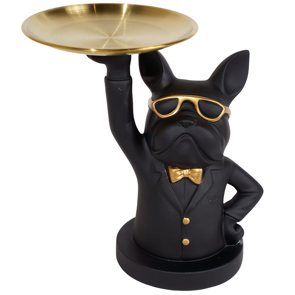 Deco figurine Bulldog with tray, black, H23x17.5x17.5cm
