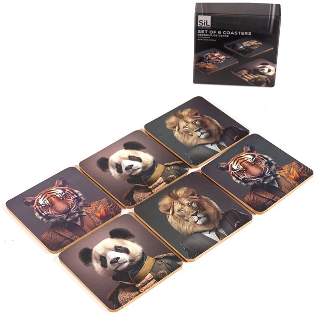 Coaster x6 Jungle Animal Head, 10x10cm