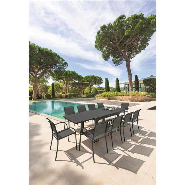 Table Lapiazza, 10-seater extendable, graphite/grey color, aluminium, H75,5x90x135-270cm