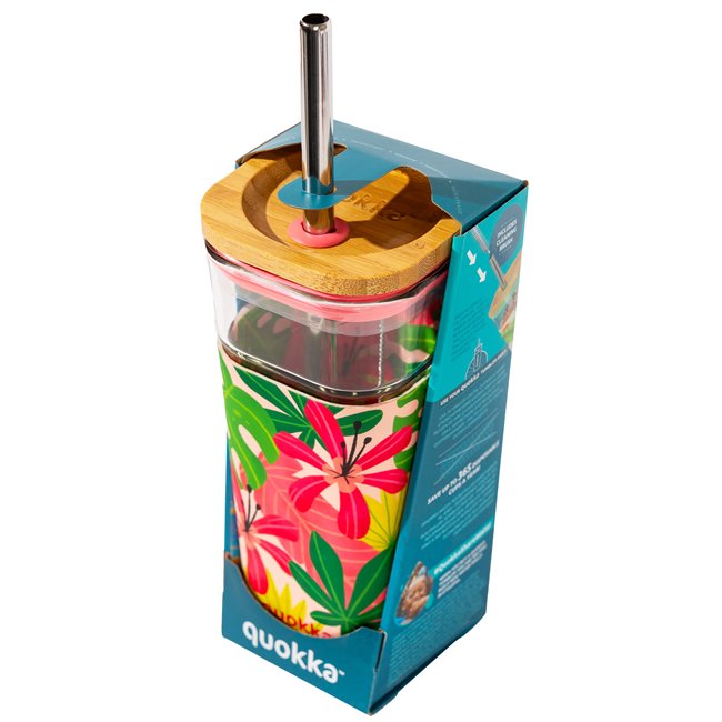 Glass tumbler Jungle Flora w cover, straw, 540ml, H18 D8cm