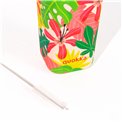 Glass tumbler Jungle Flora w cover, straw, 540ml, H18 D8cm