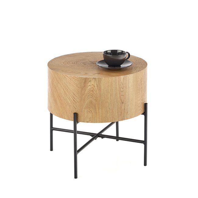 Side table Haroklyn, natural oak/black color, MDF/steel, D45cm, H45cm