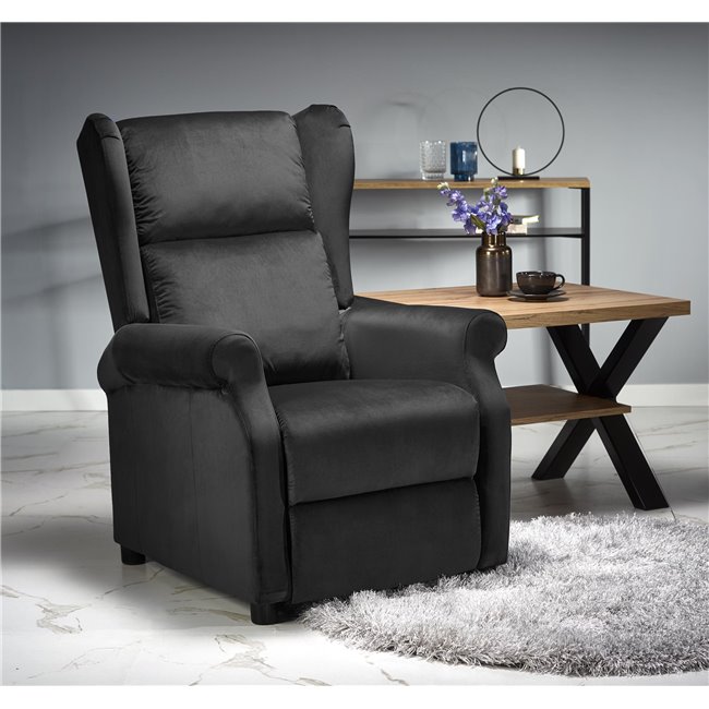 Recliner Haustin, black velvet, H107-83x75x92-160cm, seat H45cm