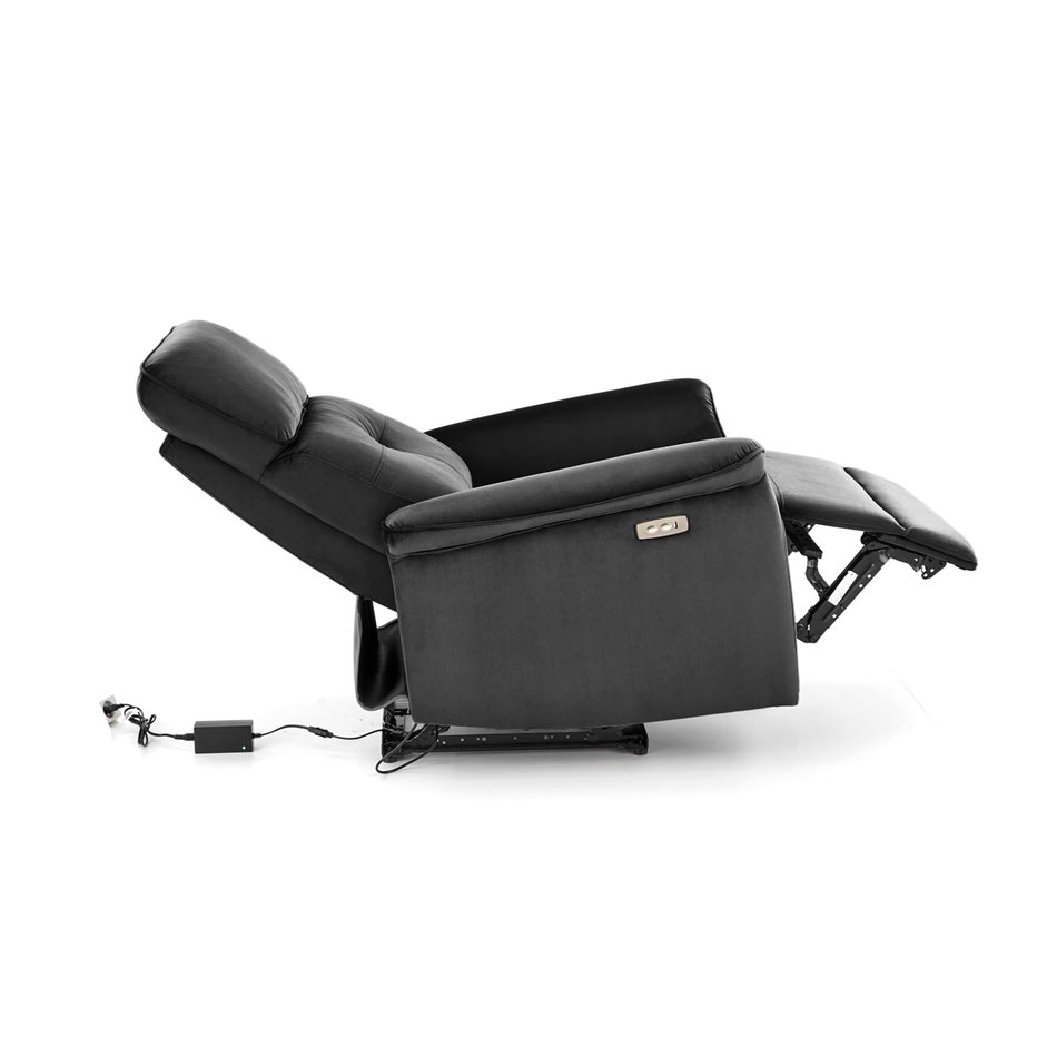 Electric recliner Hemiro, black velvet, USB charging socket, W90-170x80cm, H92-108cm, seat H46cm