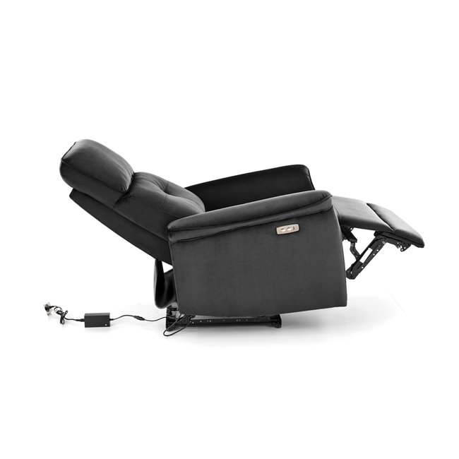 Electric recliner Hemiro, black velvet, USB charging socket, W90-170x80cm, H92-108cm, seat H46cm