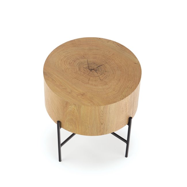 Side table Haroklyn, natural oak/black color, MDF/steel, D45cm, H45cm