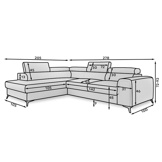Corner sofa Elaurence L, Monolith 77, blue, H92x278x205cm