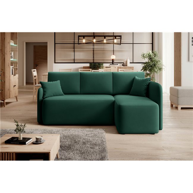 Corner sofa Elhandson R, sleeping function, Lukso 35, velvet, green, H89x150x206cm