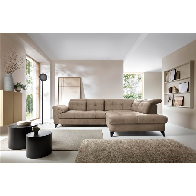Corner sofa Elinferne R, sleeping function, Aura 20, velvet, dark beige, H107x210x297cm