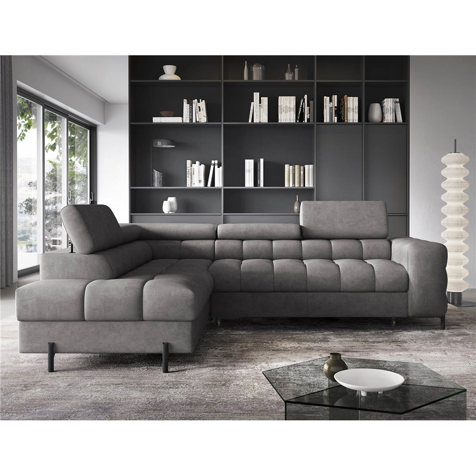 Corner sofa Elferucce L, sleeping function, Aura 04, velvet, grey, H93x200x276cm