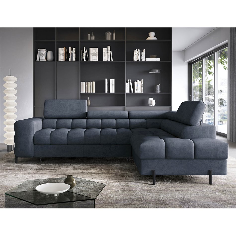 Corner sofa Elferucce R, sleeping function, Aura 40, velvet, dark blue, H93x200x276cm