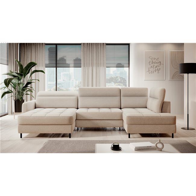 U shape sofa Elberto L, sleeping function, Raquel 18, beige, H100x165x306cm