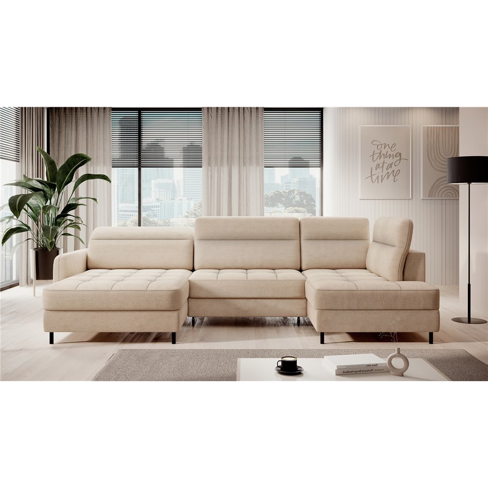 U shape sofa Elberto L, sleeping function, Toscany 18, velvet, beige, H100x165x306cm
