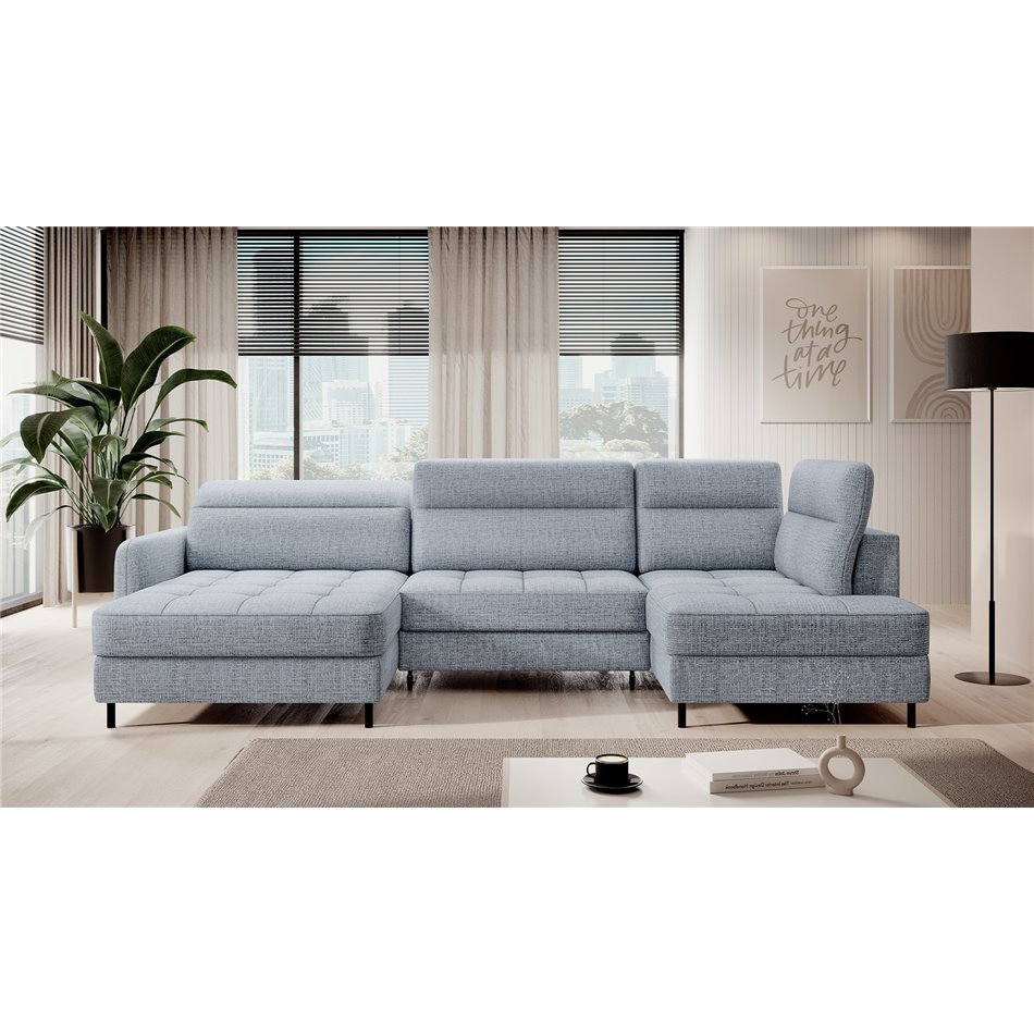 U shape sofa Elberto L, sleeping function, Aubron 100, wavy velvet, blue, H100x165x306cm
