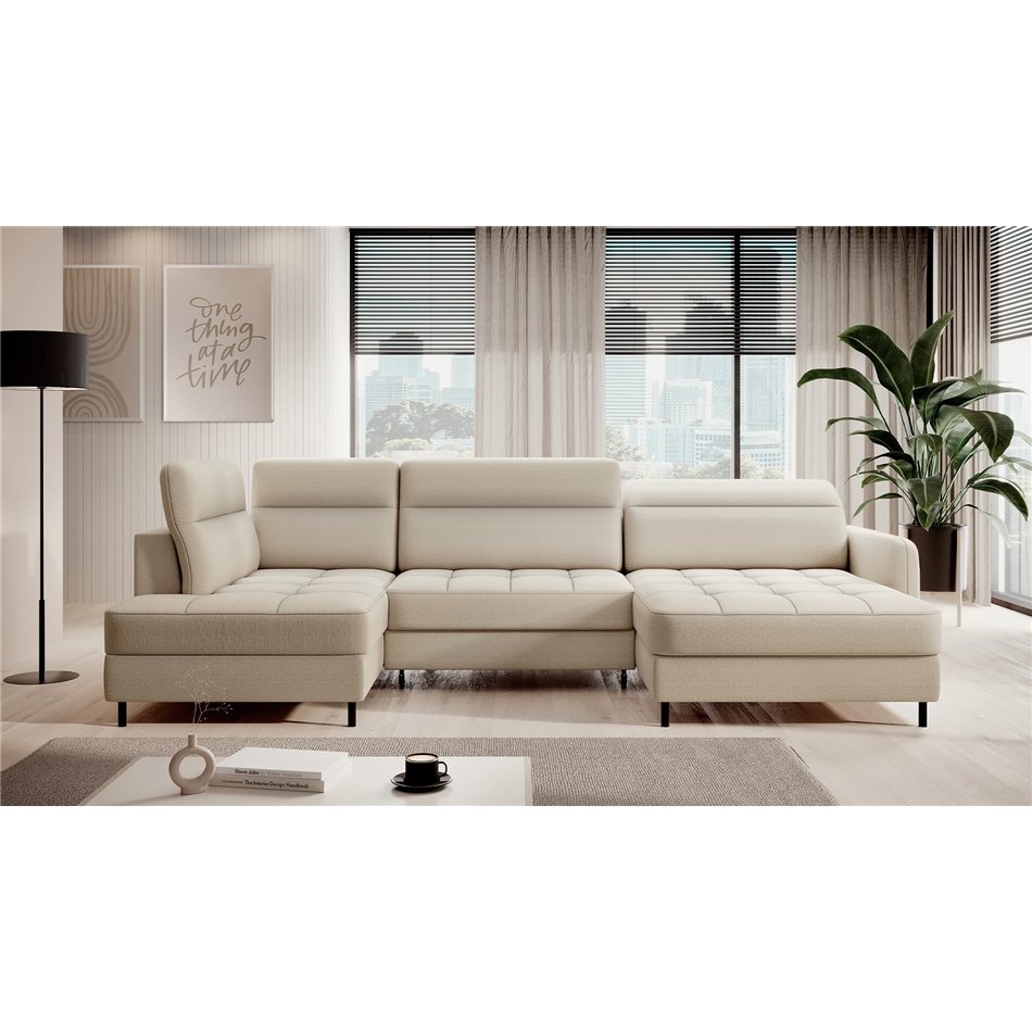 U shape sofa Elberto R, sleeping function, Manhattan 18, velvet, beige, H100x165x306cm