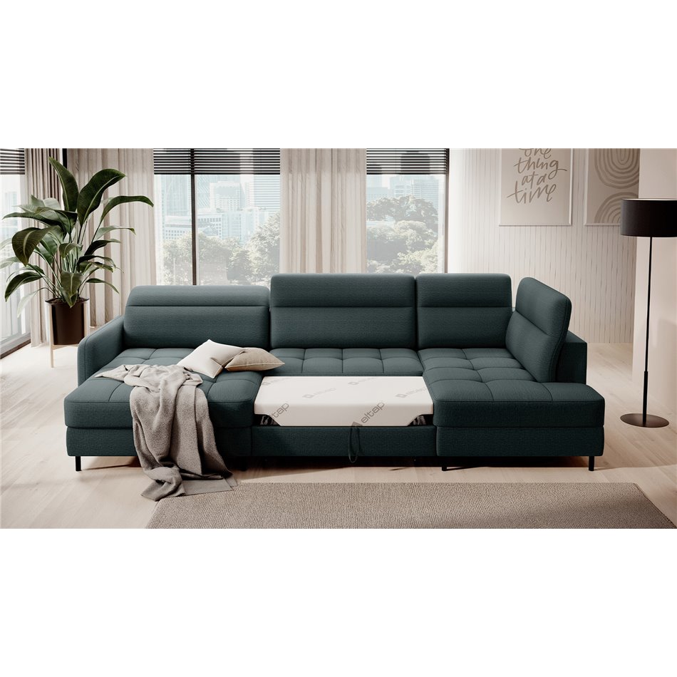 U shape sofa Elberto L, sleeping function, Manhattan 38, velvet, green, H100x165x306cm
