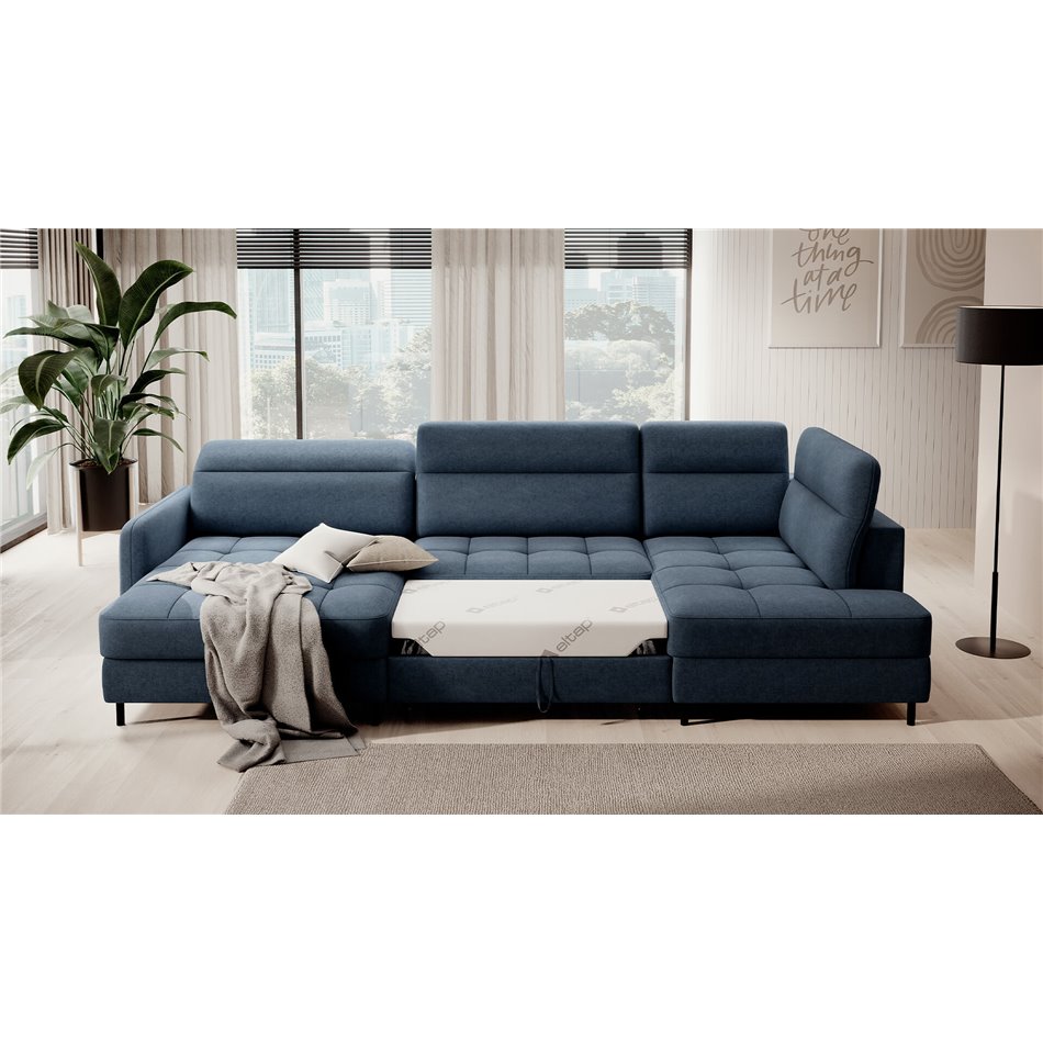 U shape sofa Elberto L, sleeping function, Raquel 40, blue, H100x165x306cm