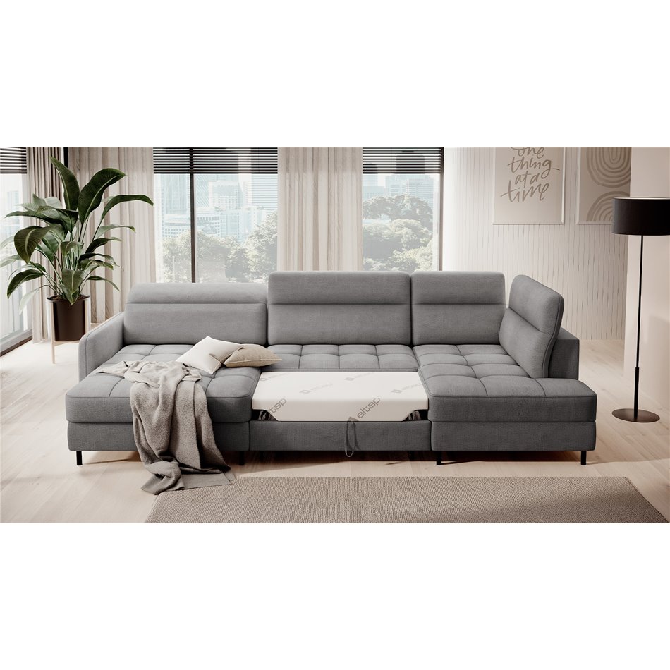 U shape sofa Elberto L, sleeping function, Toscany 03, velvet, grey, H100x165x306cm