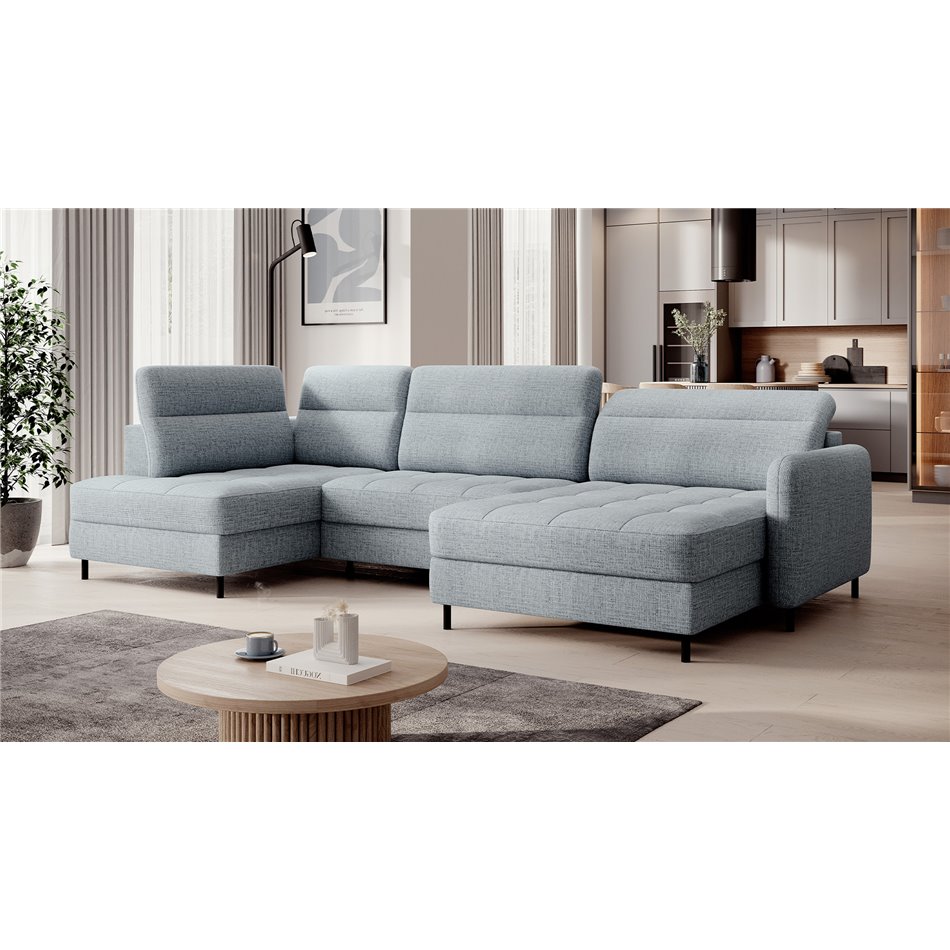 U shape sofa Elberto R, sleeping function, Aubron 100, wavy velvet, blue, H100x165x306cm