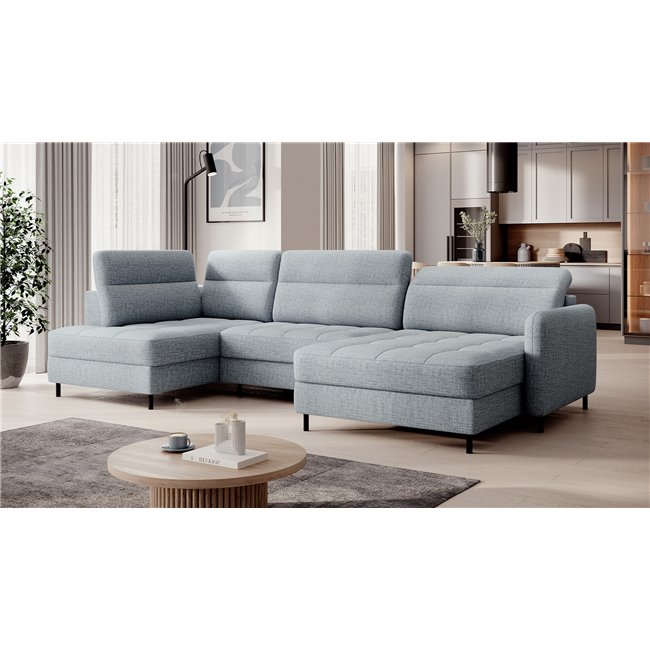 U shape sofa Elberto R, sleeping function, Aubron 100, wavy velvet, blue, H100x165x306cm