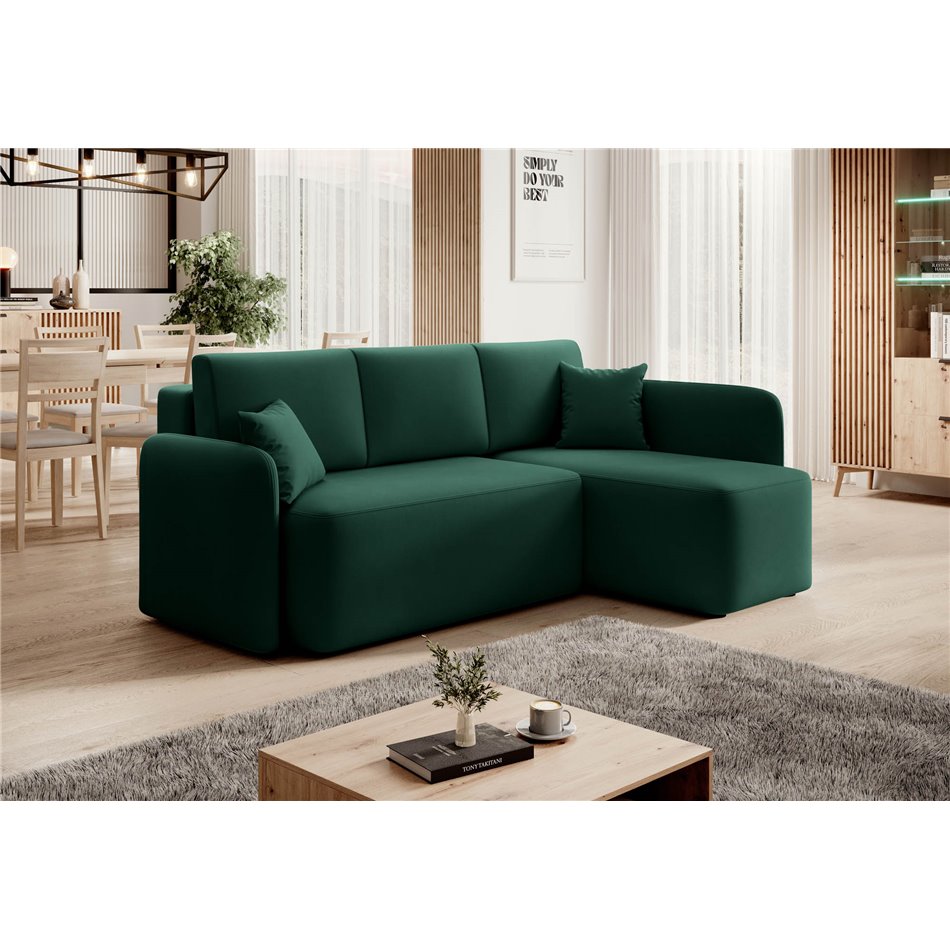 Corner sofa Elhandson R, sleeping function, Lukso 35, velvet, green, H89x150x206cm