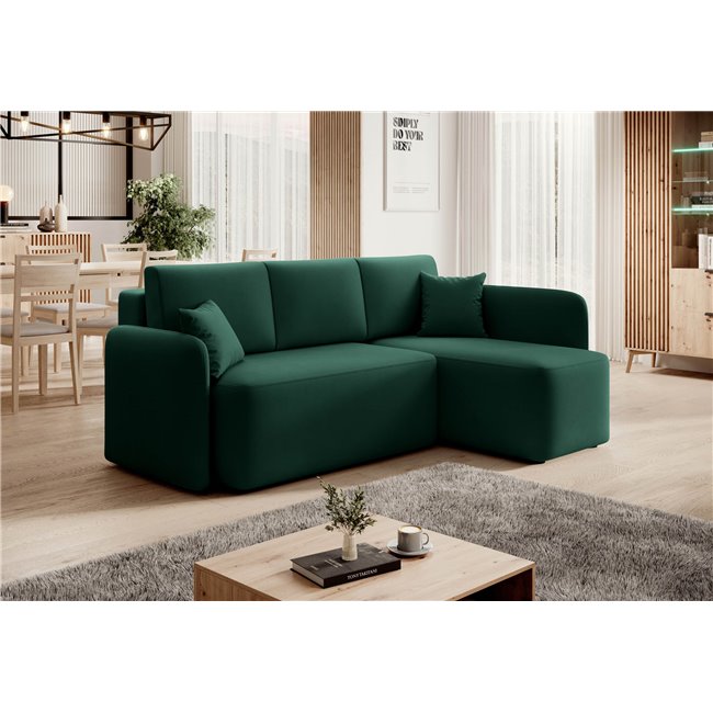 Corner sofa Elhandson R, sleeping function, Lukso 35, velvet, green, H89x150x206cm