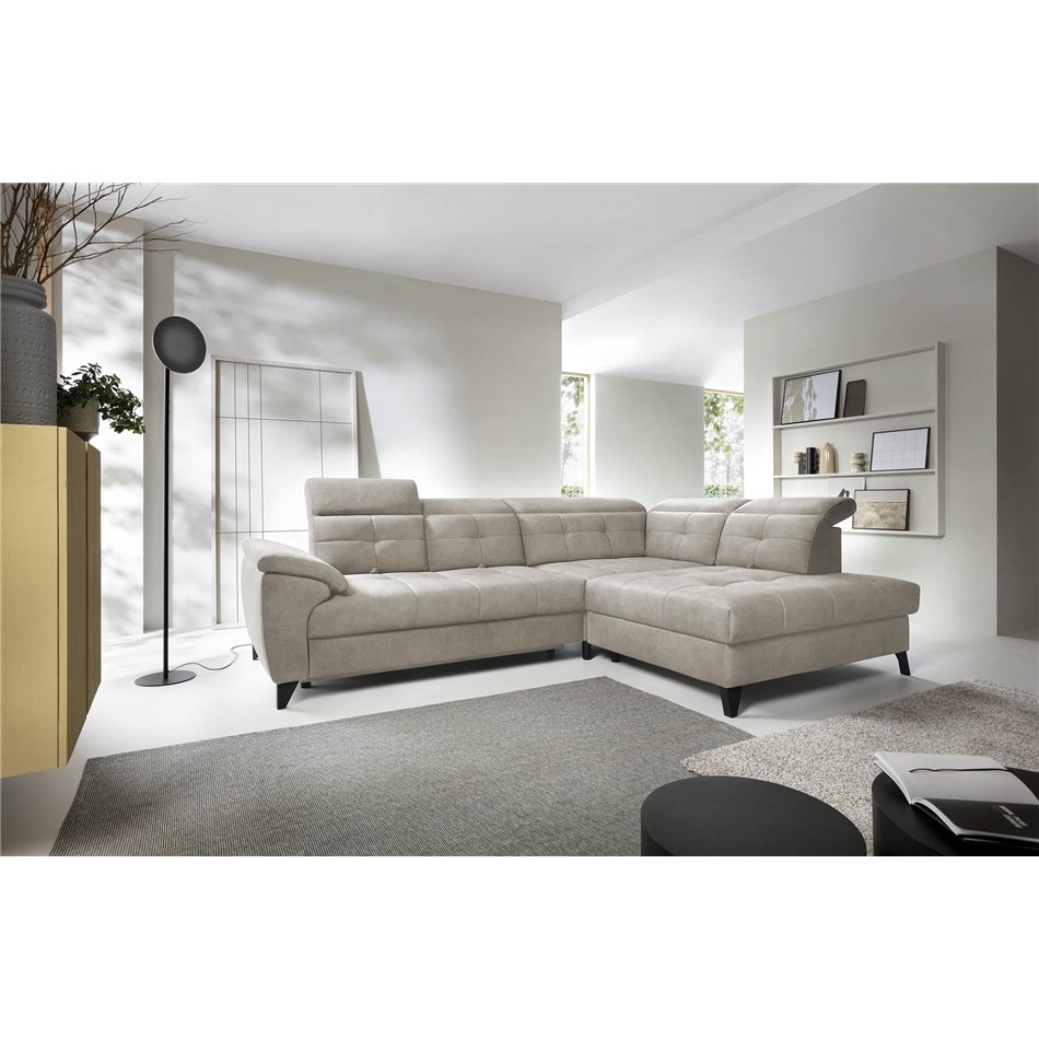 Corner sofa Elinferne R, sleeping function, Aura 18, velvet, beige, H107x210x297cm