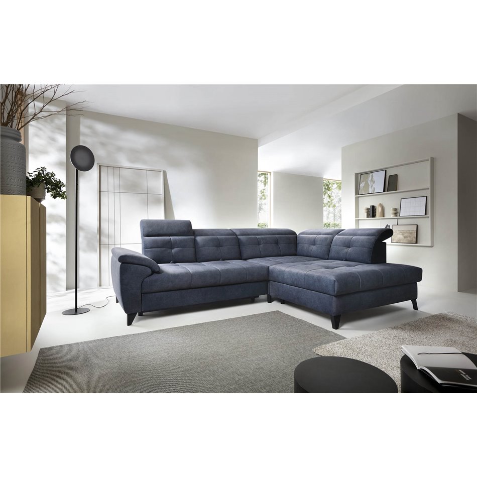 Corner sofa Elinferne R, sleeping function, Relax 40, velvet, dark blue, H107x210x297cm