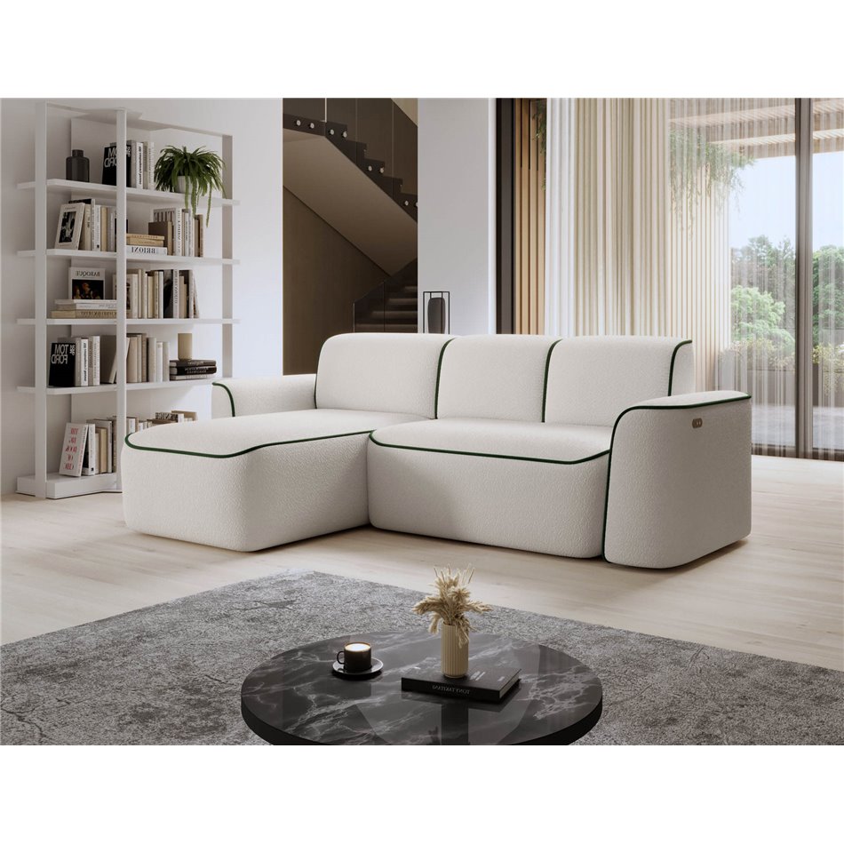 Угловой диван Elume L, с механизмом раскладыванием, Royal 01, Riviera 38, букле, белый, H88x190x287см