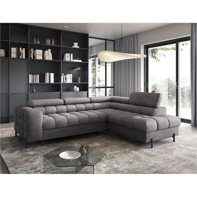 Corner sofa Elferucce R, sleeping function, Aura 04, velvet, grey, H93x200x276cm