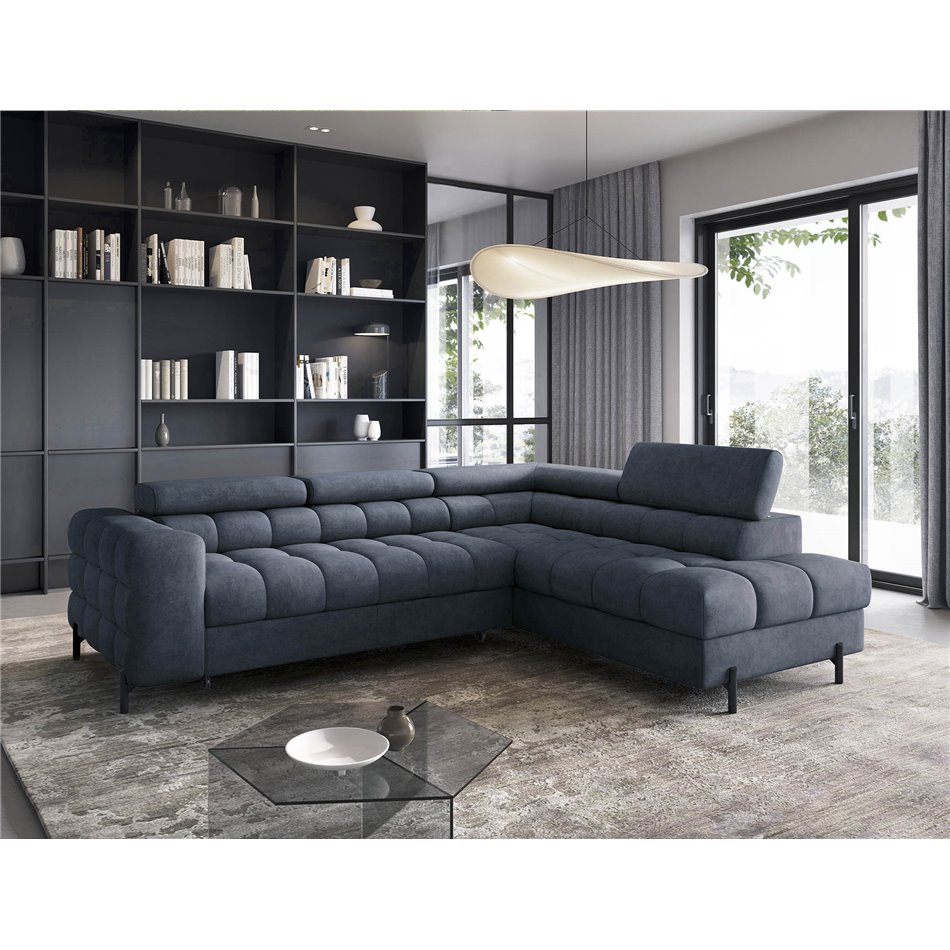 Corner sofa Elferucce R, sleeping function, Aura 40, velvet, dark blue, H93x200x276cm
