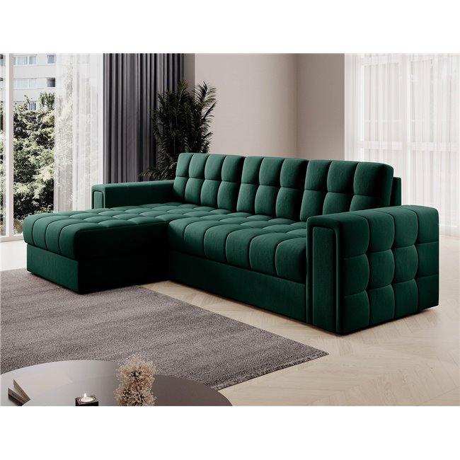 Corner sofa Elveni L/R Reversible, sleeping function, Lukso 35, velvet, green, H82x150x260cm