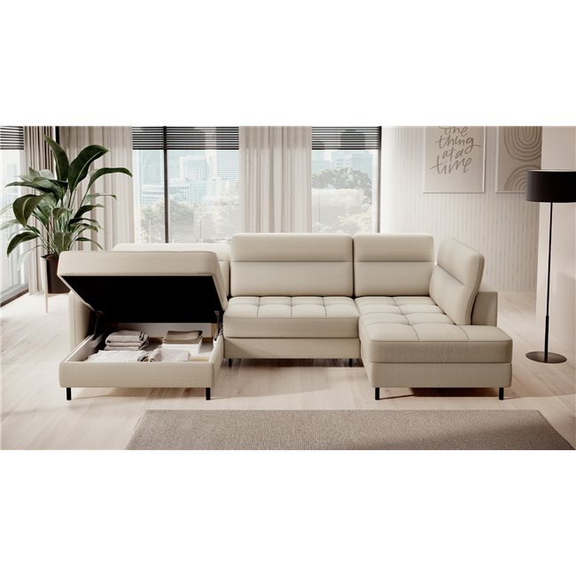 U shape sofa Elberto L, sleeping function, Manhattan 18, velvet, beige, H100x165x306cm
