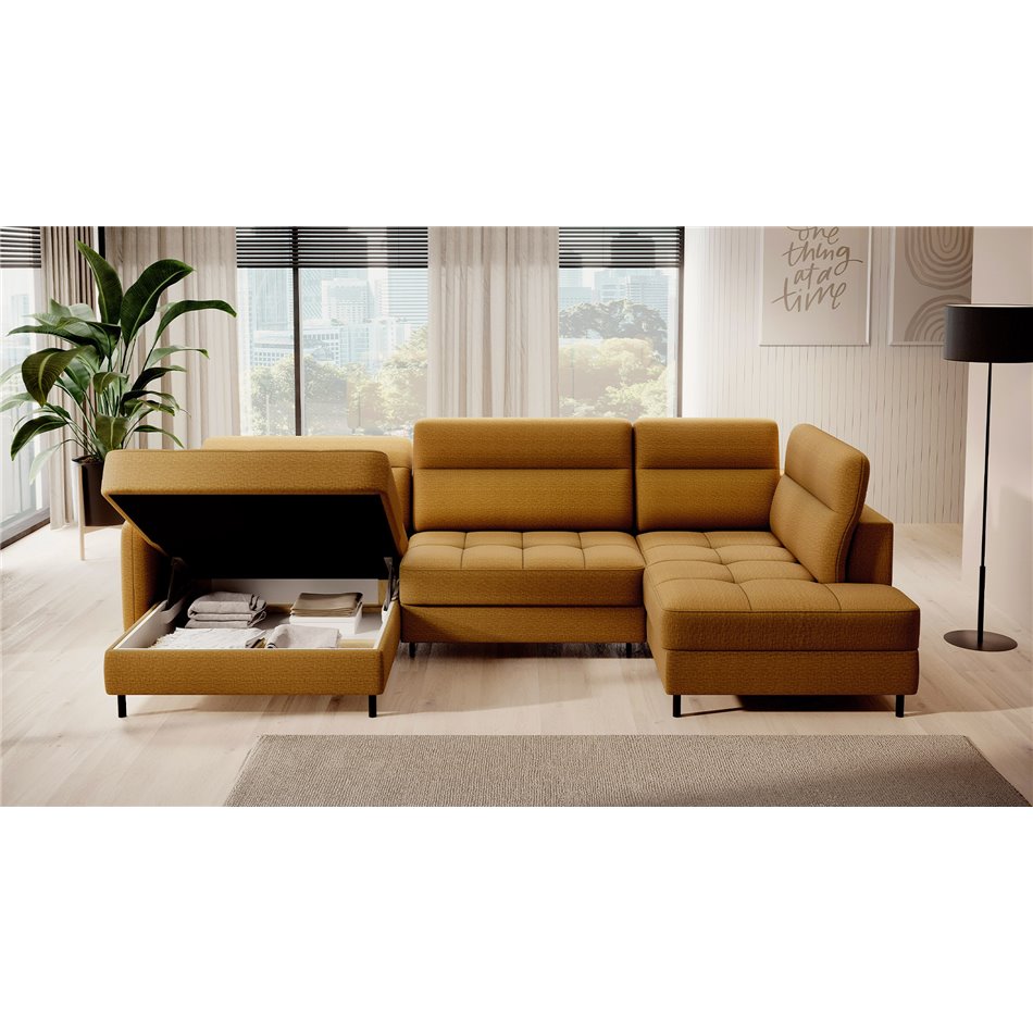 U shape sofa Elberto L, sleeping function, Manhattan 45, velvet, yellow, H100x165x306cm