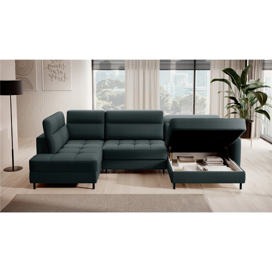 U shape sofa Elberto R, sleeping function, Manhattan 38, velvet, green, H100x165x306cm