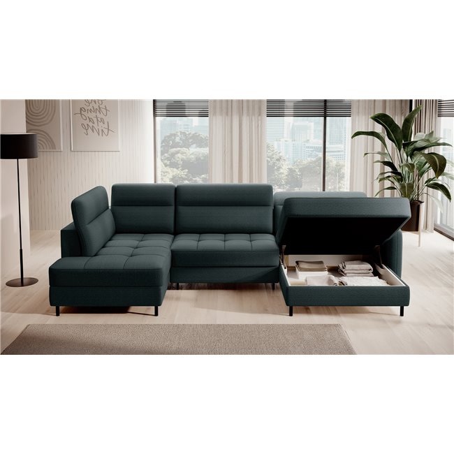 U shape sofa Elberto R, sleeping function, Manhattan 38, velvet, green, H100x165x306cm