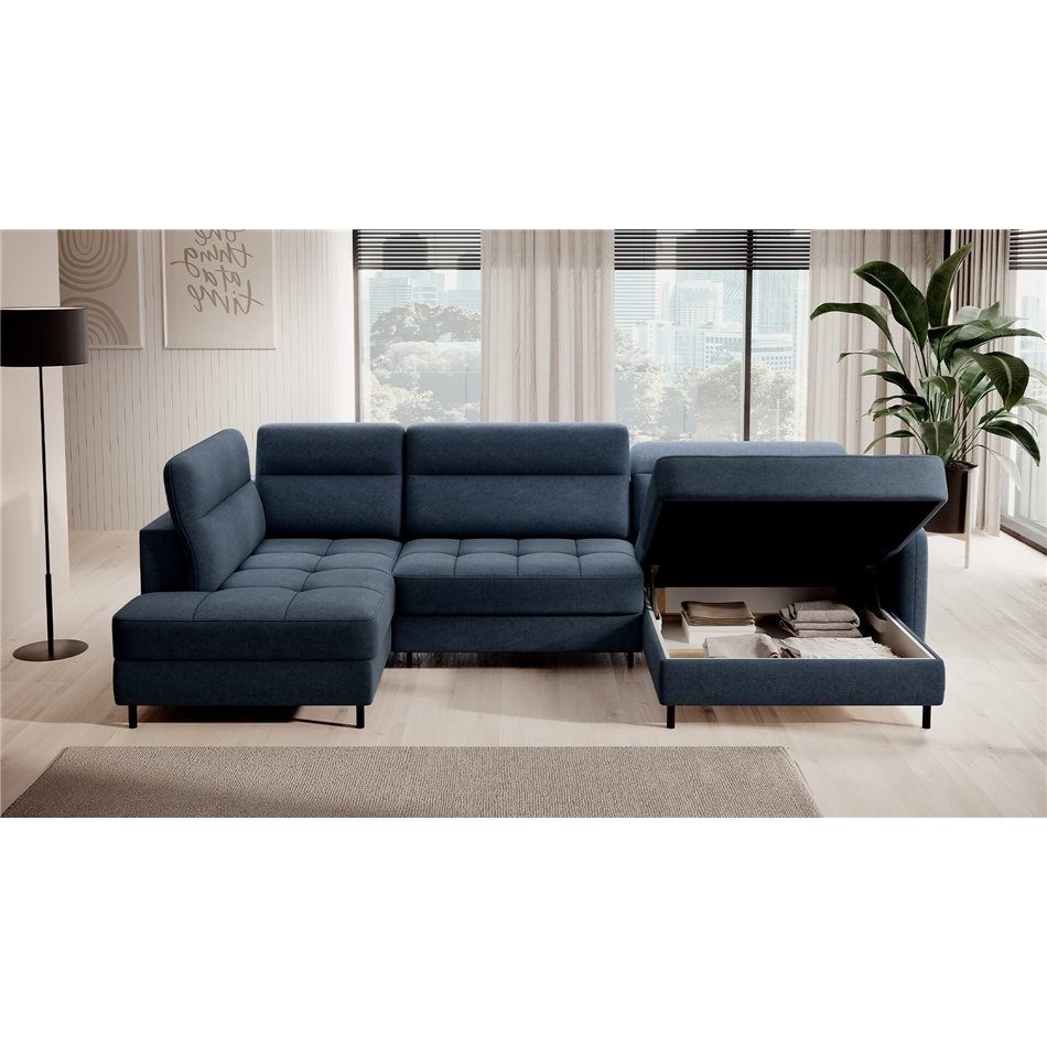 U shape sofa Elberto R, sleeping function, Raquel 40, blue, H100x165x306cm