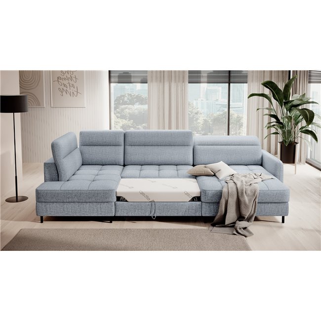 U shape sofa Elberto R, sleeping function, Aubron 100, wavy velvet, blue, H100x165x306cm
