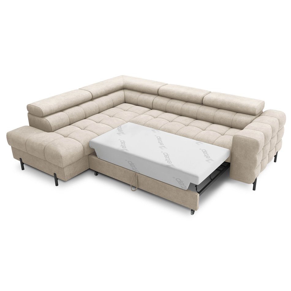 Corner sofa Elferucce L, sleeping function, Aura 18, velvet, beige, H93x200x276cm