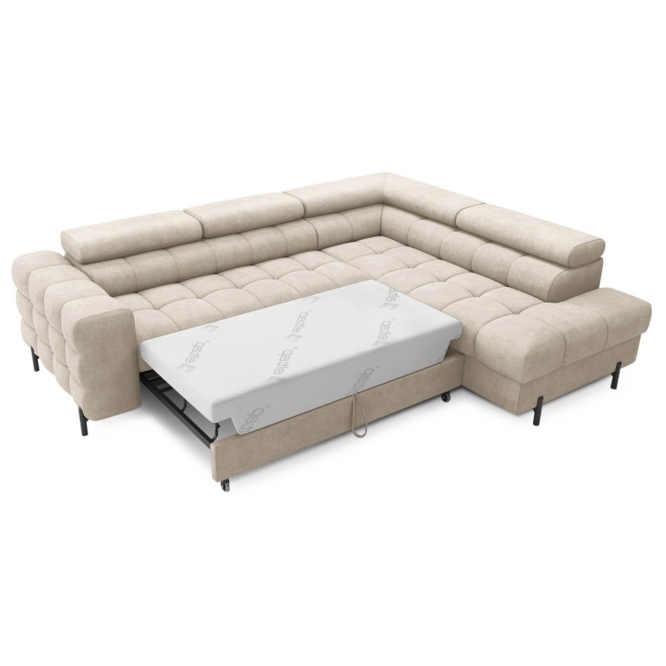 Corner sofa Elferucce R, sleeping function, Aura 18, velvet, beige, H93x200x276cm