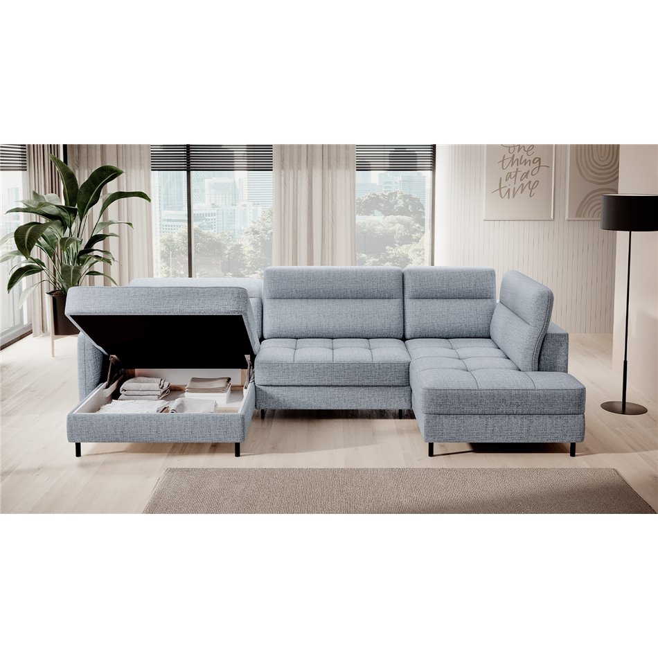 U shape sofa Elberto L, sleeping function, Aubron 100, wavy velvet, blue, H100x165x306cm