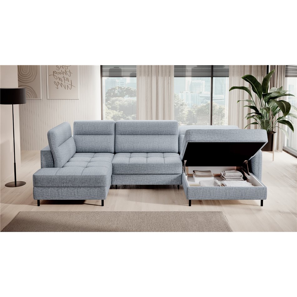 U shape sofa Elberto R, sleeping function, Aubron 100, wavy velvet, blue, H100x165x306cm