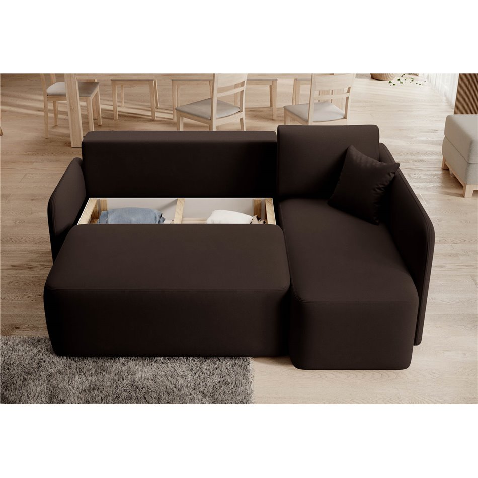 Corner sofa Elhandson R, sleeping function, Lukso 22, velvet, brown, H89x150x206cm