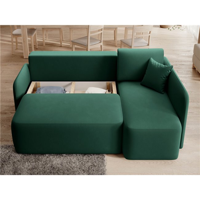 Corner sofa Elhandson R, sleeping function, Lukso 35, velvet, green, H89x150x206cm
