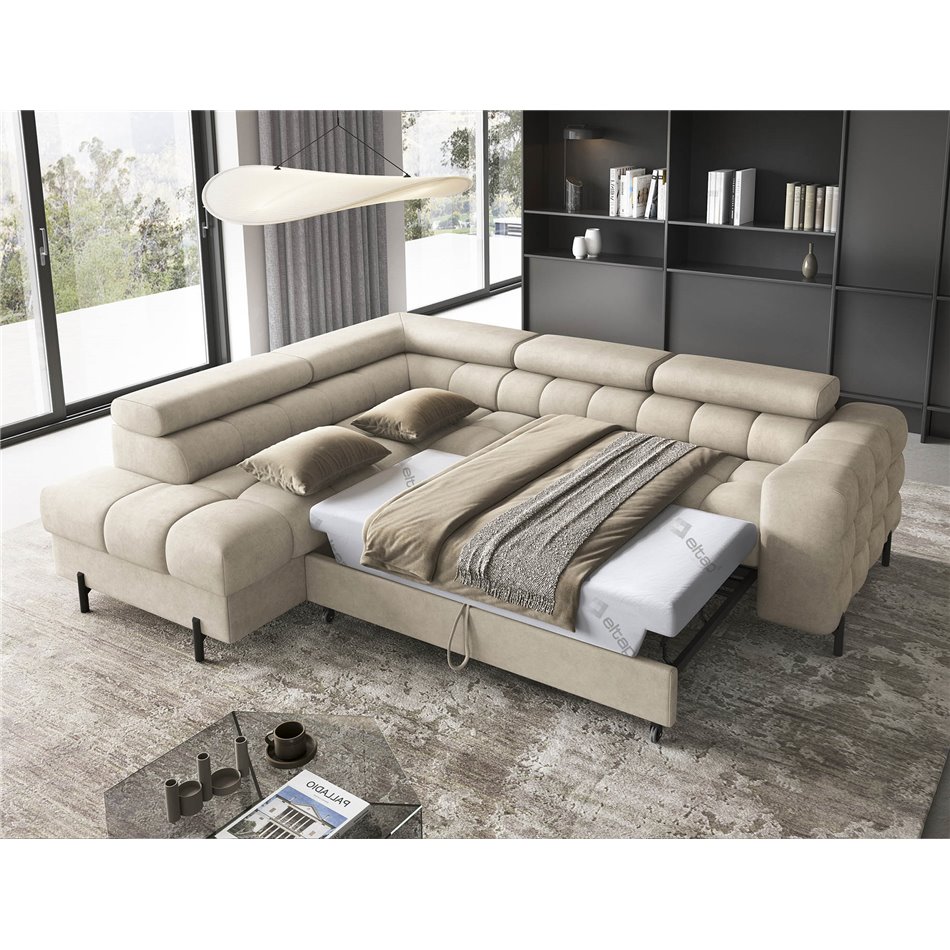 Corner sofa Elferucce L, sleeping function, Aura 18, velvet, beige, H93x200x276cm