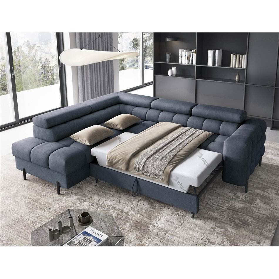Corner sofa Elferucce L, sleeping function, Aura 40, velvet, dark blue, H93x200x276cm